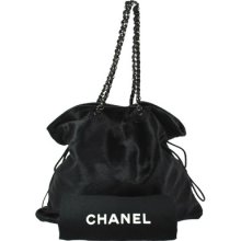 Authentic Chanel Black Cc Logo Chain Drawstring Shoulder Bag Fur Vintage Gl00237