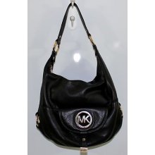 Authentic Michael Kors Fulton Pebble Leather Black/gold Hobo Bag Purse Large