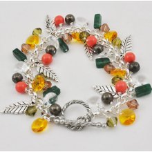 Autumn Leaves Beaded Bracelet, Fall Leaf Charm Bracelet, Colorful Swarovski Crystals, Pyrite, Green Aventurine Gemstone, Coral Pearls