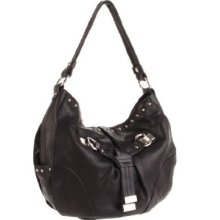 B. Makowsky Black Hobo Leather Slouchy Studded Motorcycle Handbag