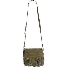 B.Makowsky Glove Leather Zip Top Fringe Crossbody Bag w/Stud Accents - Moss - One Size