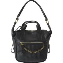 B. Makowsky Glove Leather Zip Top Satchel with Chain and Pleat Detail - Black - One Size