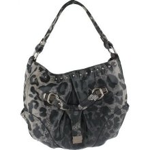 B.Makowsky Leather Hobo Bag with Belted Detail & Stud Accents - Grey Leopard - One Size