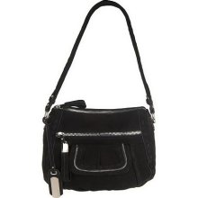 B. Makowsky Nubuck Leather Zip Top Shoulder Bag w/Front Pocket - Black - One Size