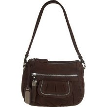 B. Makowsky Nubuck Leather Zip Top Shoulder Bag w/Front Pocket - Dark Brown - One Size