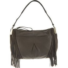 B. Makowsky Pebble Leather Zip Top E/W Shoulder Bag w/Fringe Detail - Charcoal - One Size
