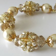 Beaded bead bracelet, cream glass pearls, swarovski crystals, 14k gold filled clasp, beaded jewelry,Sparkling Champagne