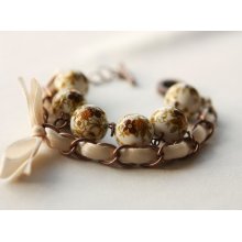 Beige Flowers Beads and Ivory Ribbon Bracelet Beige Flowers Beads and Ivory Ribbon Bracelet