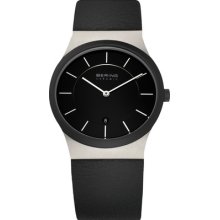 Bering Mens Black Leather Watch Ceramic Bezel 32235-442