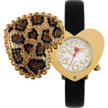 Betsey Johnson Pave Heart Swivel Case Watch, 40mm X 35mm Black/ Leopard