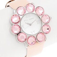 Betsey Johnson Pink Patent Leather Quartz Watch Crystal Accented Floral Bezel