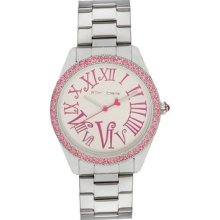 Betsey Johnson Watch Silver Boyfriend Style Pink Stones And Pink Numbers