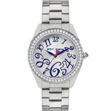 Betsey Johnson Watch Silver Boyfriend Style With Clear Crystals Blue Numbers
