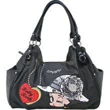 Betty Boop Black beige hat embed Ivy flower Red Pewter pocket Satchel bag handbag purse