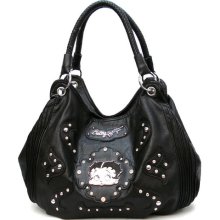 Betty Boop BLACK embroidered red white dot Rhinestone puff strip L satchel bag handbag purse tote