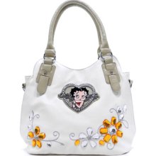 Betty Boop bling embroidered Large rhinestone yellow flora white pockets L satchel bag handbag purse