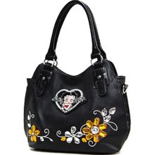 Betty Boop Heart Emblem Flowers Inlaid Stones Hobo Bag Handbag Purse Black