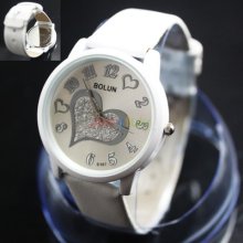 Big Love Heart Mark Classic Automatic Time White Leather Band Read Quartz Watch