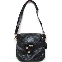Black Basket Weave Messenger Cross Body Faux Leather Shoulder Bag Small