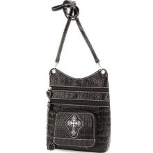 Black Crocodile Genuine Leather Cross Accent Hipster Handbag