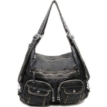 Black Designer Washed Inspired Pockets Faux Leather Handbag Purse Zip