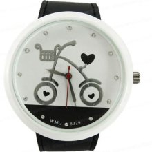 Black Leather Bicycle Cartoon Wrist Watch Dm474b