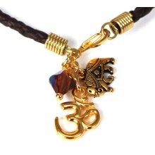 Black Leather Cord Bracelet with Golden Om, Indian Elephant, and Smoked Topaz Swarovski Crystal