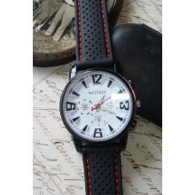 Black Silicone Watch White Dial Military Pilot Aviator Army Style Outdoor Sport Raised Numerals