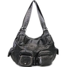 Black Washed Pockets 2 Zip Designer Shoulder Handbag Bag Purse