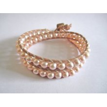 Blush-Colored Freshwater Pearl Double Leather Wrap Bracelet
