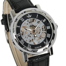 Bn Elegant Men Gift Classic Wind-up Mechanical Skeleton Suit Wrist Watch Leather