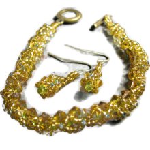 Bracelet and Earring set Gold and Emerald seed bead