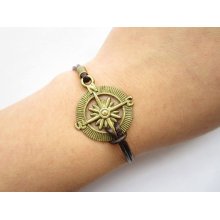 Bracelet---antique bronze compass pendant & brown leather chain