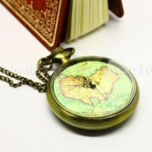 Bronzed China Map Quartz Pocket Watch Flower Shading Phng Necklace Fobwatch