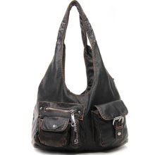 Brown. Designer Washed Inspired Shoulder Faux Leather Pockets Purse Handbag