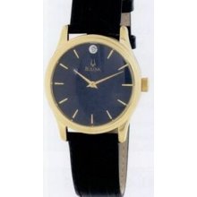 Bulova Men`s Black Dial W/ Diamond Watch W/ Leather Strap