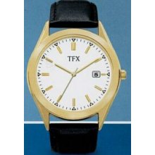 Bulova Tfx Collection Men`s Gold Tone Watch W/ Black Leather Strap