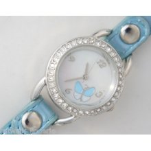 Butterfly Teal Women's Watch Silver Tone Case White Mop Dial Leather Strap