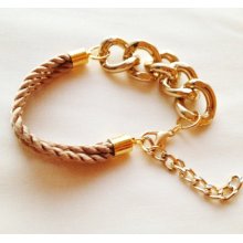 Capuccino Silk Rope and Gold Chain Bracelet