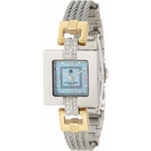 Charles-Hubert Paris 6807-T Two-Tone Stainless Steel Wire Bangle Light Blue MOP Dial Watch