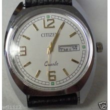Citizen Quartz Men's Wrist Watch White Dial Day/date Japan Made Nice Condition