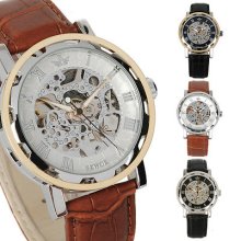 Classical Skeleton Black/brown Leather Hand-winding Mechanical Men Wrist Watch