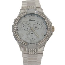 Clear Acrylic Band And Silver Bezel With Crystals Geneva Watch For Women
