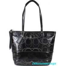 Coach Signature Stripe Stitched Black Patent Leather Tote Handbag 19198