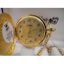Colibri Gold Face Goldtone Pocket Watch W/shield And Chain