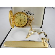 Colibri Swiss Parts Goldtone Pocket Watch W/date / Fancy Chain / Knife