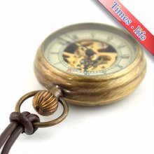 Collectable Brass Pocket Watch Hollow Golden Skeleton Mechanical Brown Leather