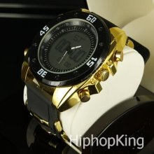 Compass Style Look Hip Hop Watch Black/ Gold Stylish Sporty Big Custom Piece
