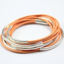 Coral color leather wrap bracelet with silver tube and magnetic clasp z484