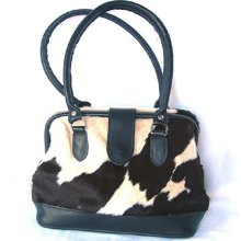 Cowhide Hair Handbag Purse Satchel Black and White Opens at Top Black Leather Handles Trim by Mallory of Texas Vintage 1980 Country Western